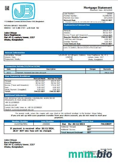 Bangladesz Bank Janata wyciąg z kredytu hipotecznego szablon Word i PDF